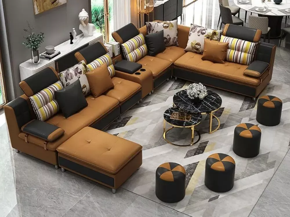 Copper Colored U Shaped Sectional Leather Sofa