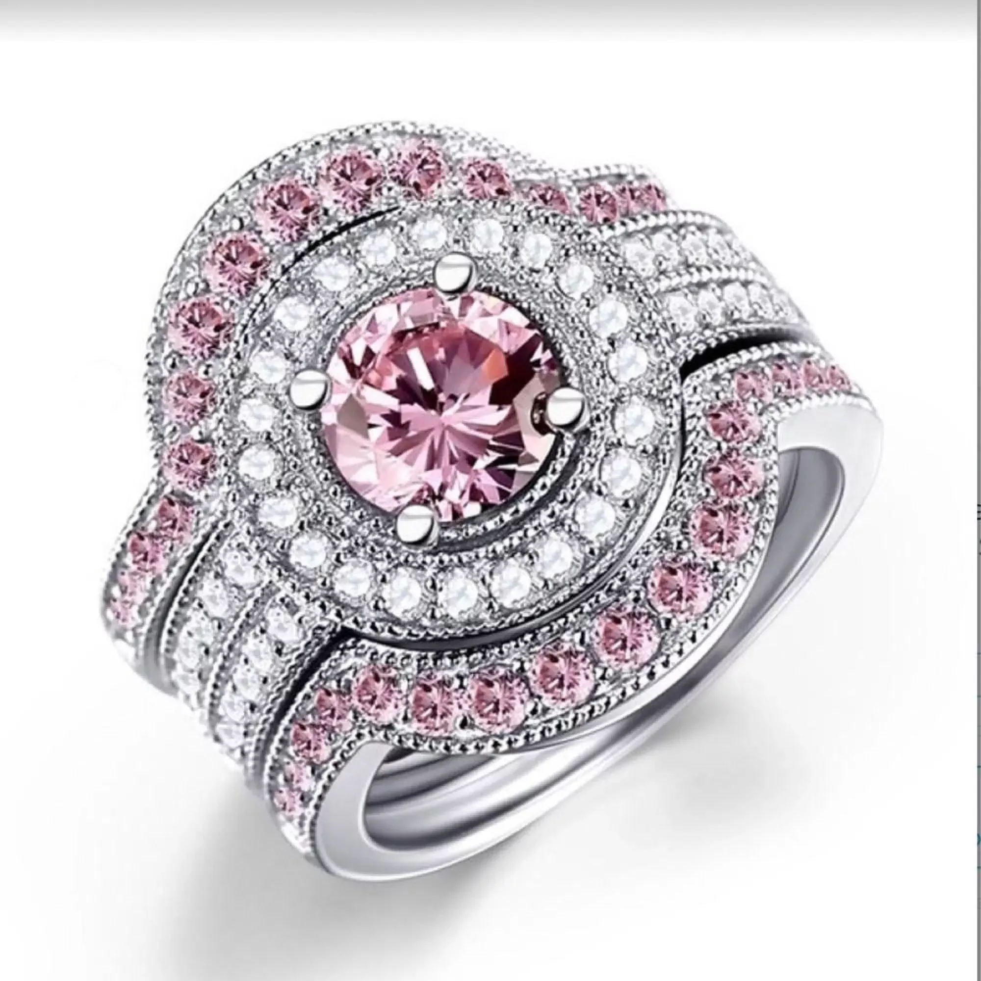 Crystal Pink Wedding3PCS Rings Set