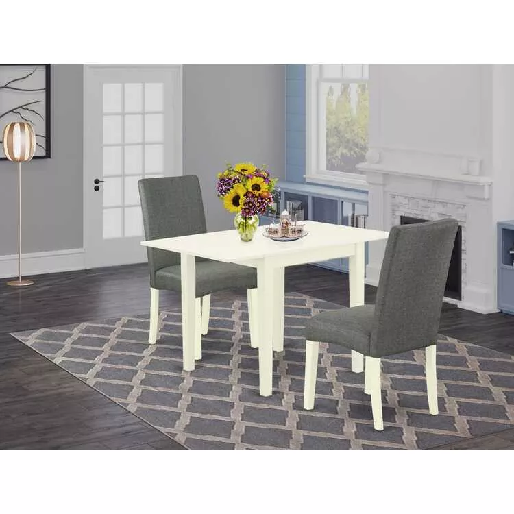 Dining Set 3 Pcs Linen White Solid Wood Grey Chairs Table