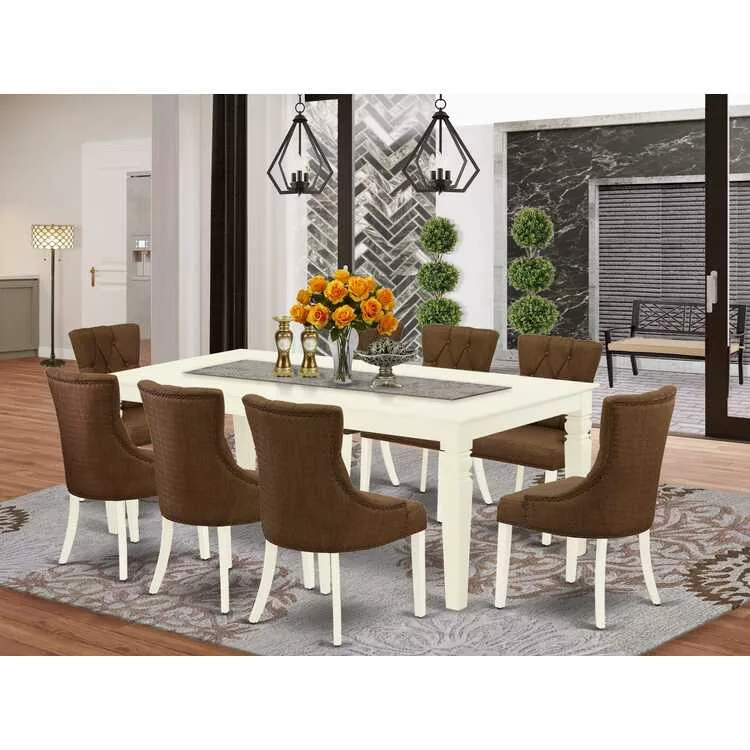 Dining Set 9Pc Rect Table Coffee Fabric Linen White