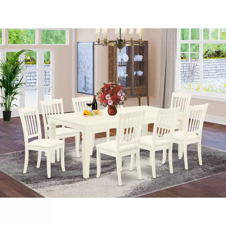 Dining Set Linen White Finish 9Pc Rectangle Table Chairs
