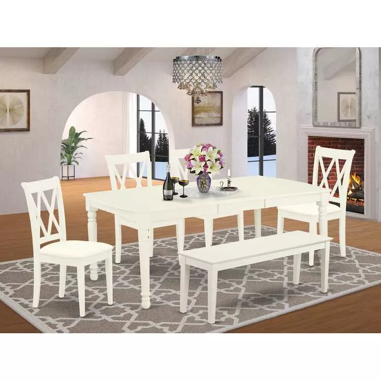 Dining Set Linen White Finish Rectangle Table 6 Piece
