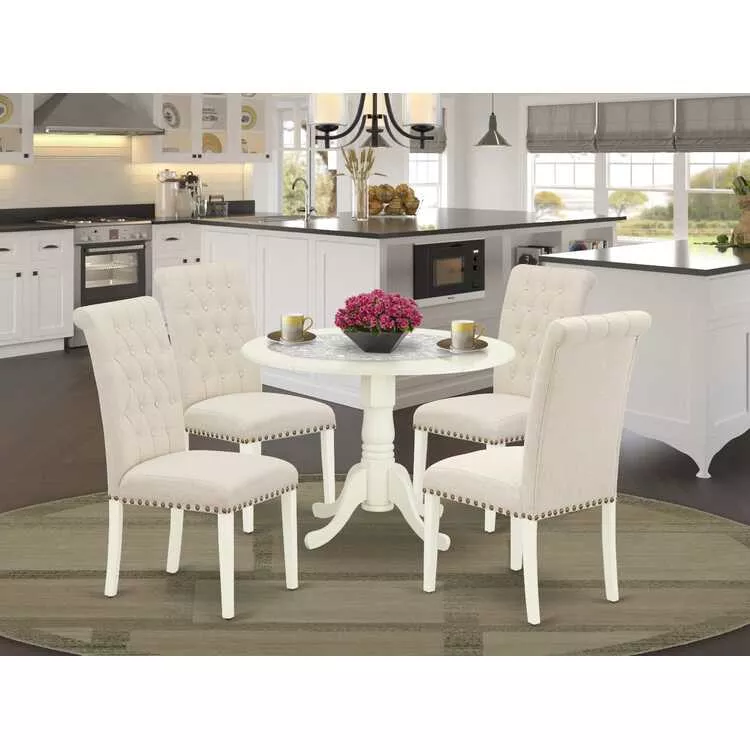 Dining Set White 5Pc Round Table Parson Chairs