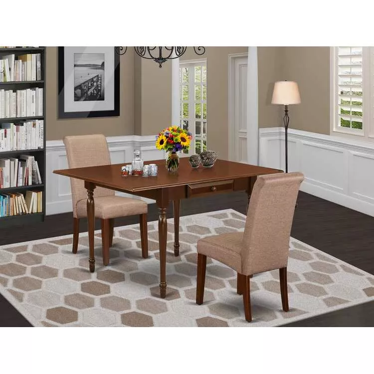 Dining Table Set Brown Linen Mahogany 3Pc
