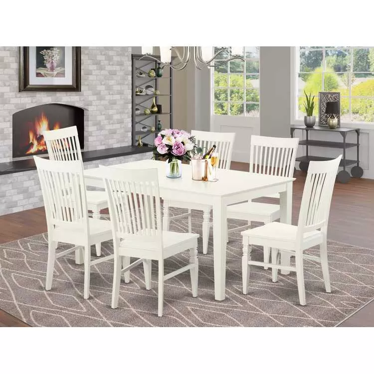 Dining Table Set Solid Top Linen White 7 Piece