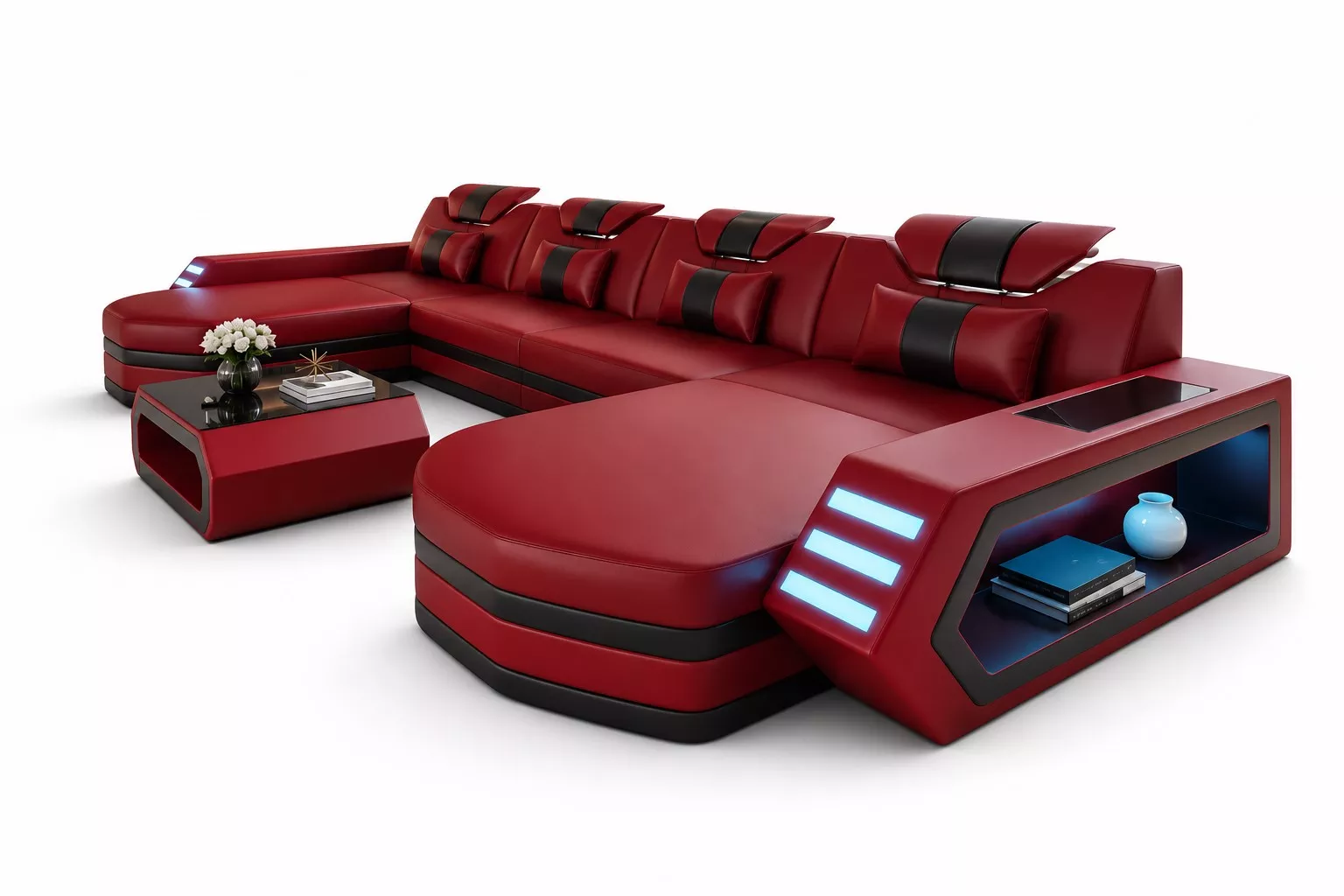 Double Chaise Leather LED Sectional Sofa