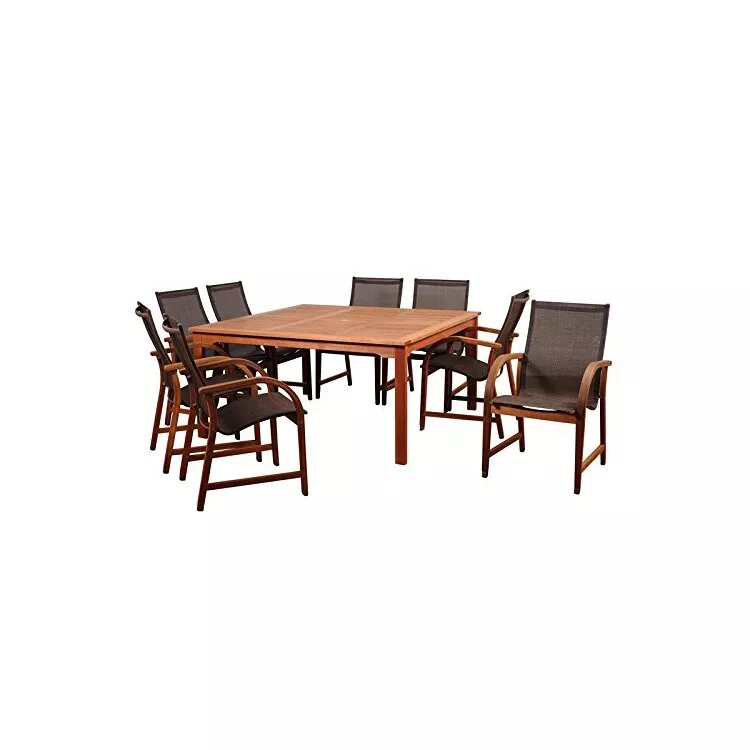 Eucalyptus Brown Sling Patio Dining Set with 9-Piece Outdoor Furniture