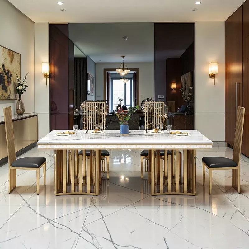 Exclusive Looking Golden Marble Dining Table Set