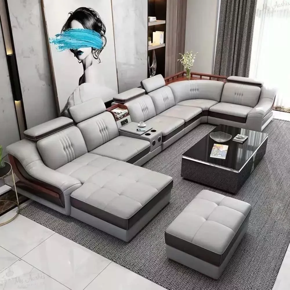 Expressionistic Multifunctional Leather Sectional Sofa Set