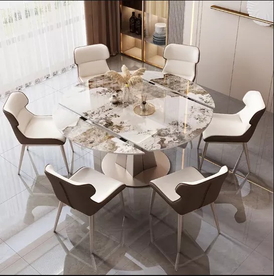 Extendable Round Marble Dining Table Set of 6
