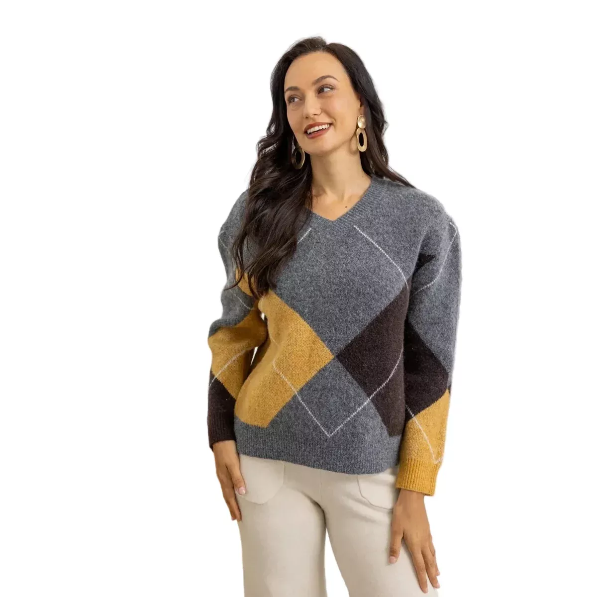 Geometric Argyle V-Neck Pullover Sweater