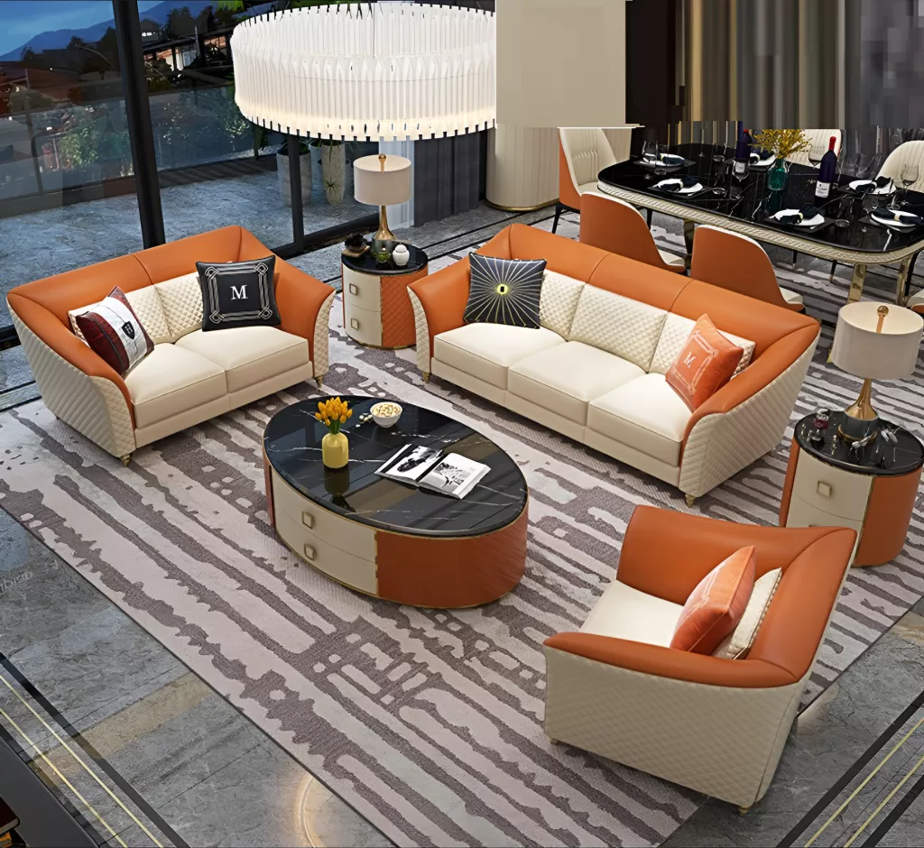 Glossy Textured Leather Sofa Set