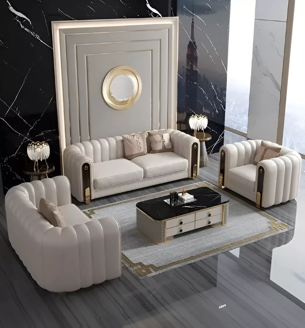 Golden Metal Accented Leather Sofas