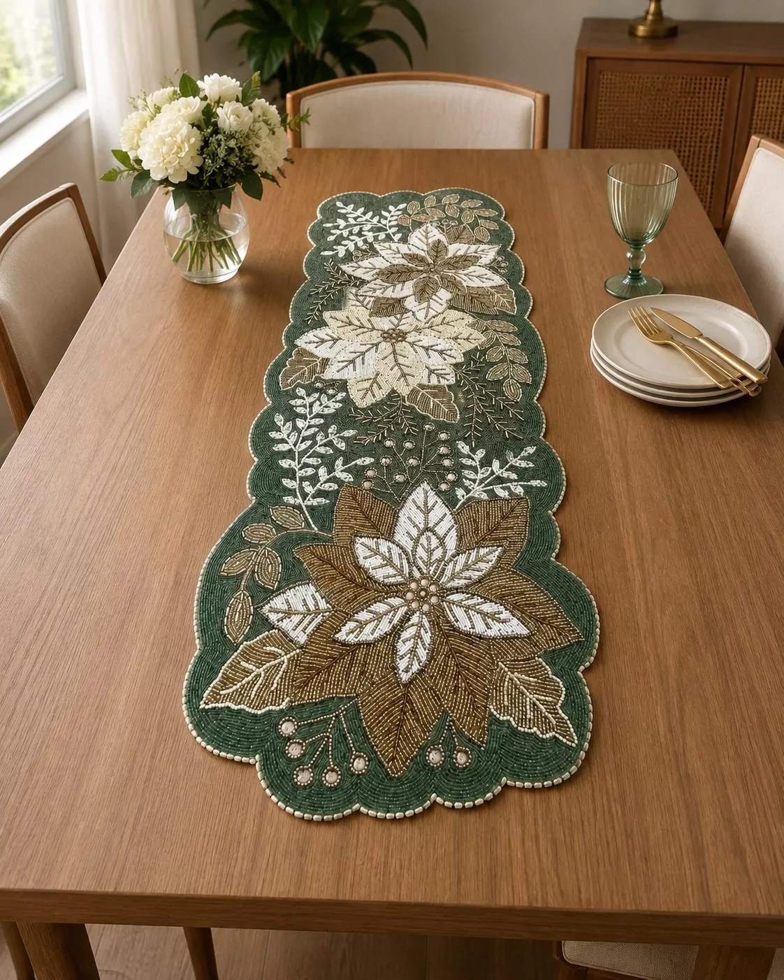 Green Floral Beaded Table Runner