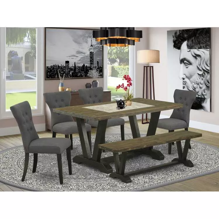 Grey Linen Dining Set with Tufted Chairs and Rectangular Bench