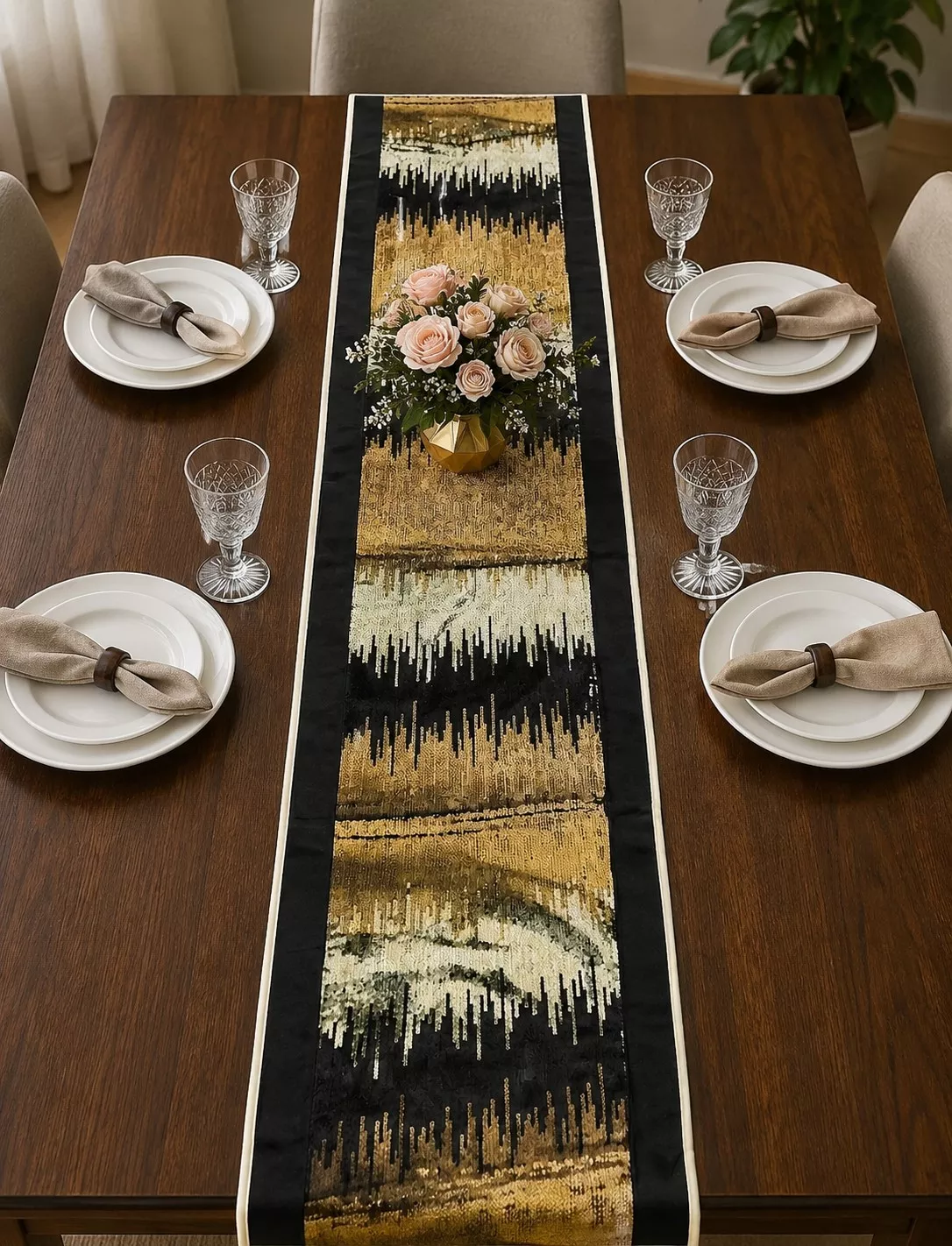 Hand Sequence and Embroidered Design Organza Table Runner