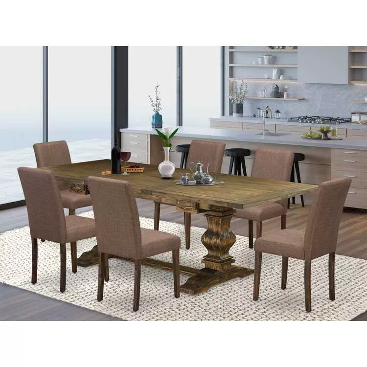 Kitchen Dining Set 7Pc Light Sable Linen Medium Jacobean Finish