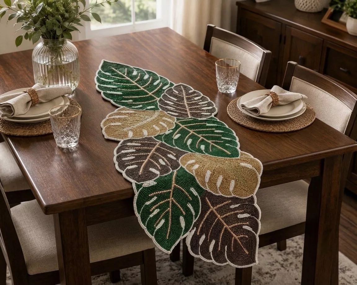 Leafy Elegance Handmade Beads Table Runner