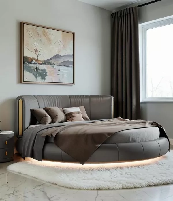 Leather Round Bed With LED