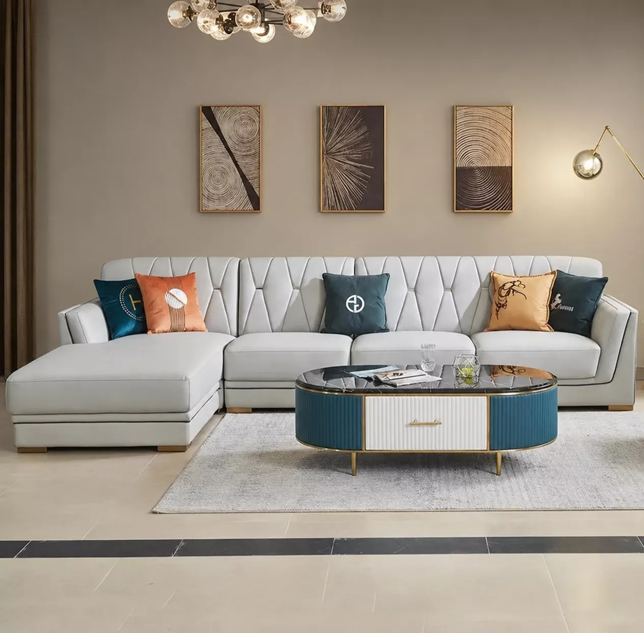 Leather Sectional Sofa with X-Stitching Design On Backrest