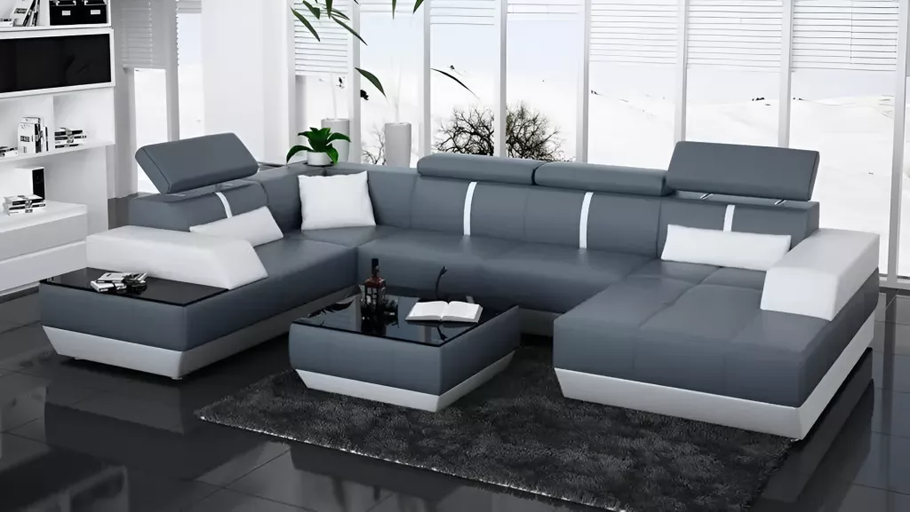 Leather U Shaped Sectional Sofa With Chaise