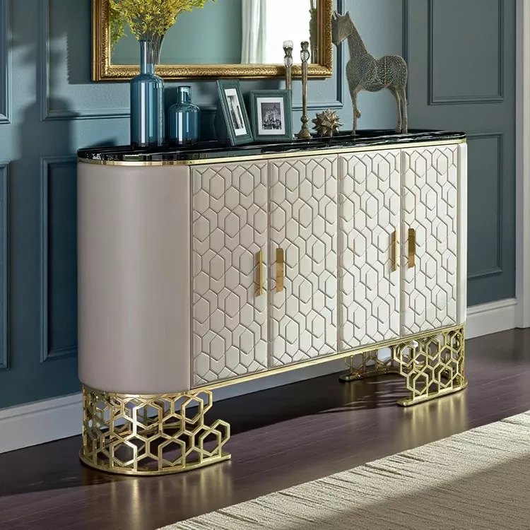 Leather Upholstered Marble Top Buffet Table