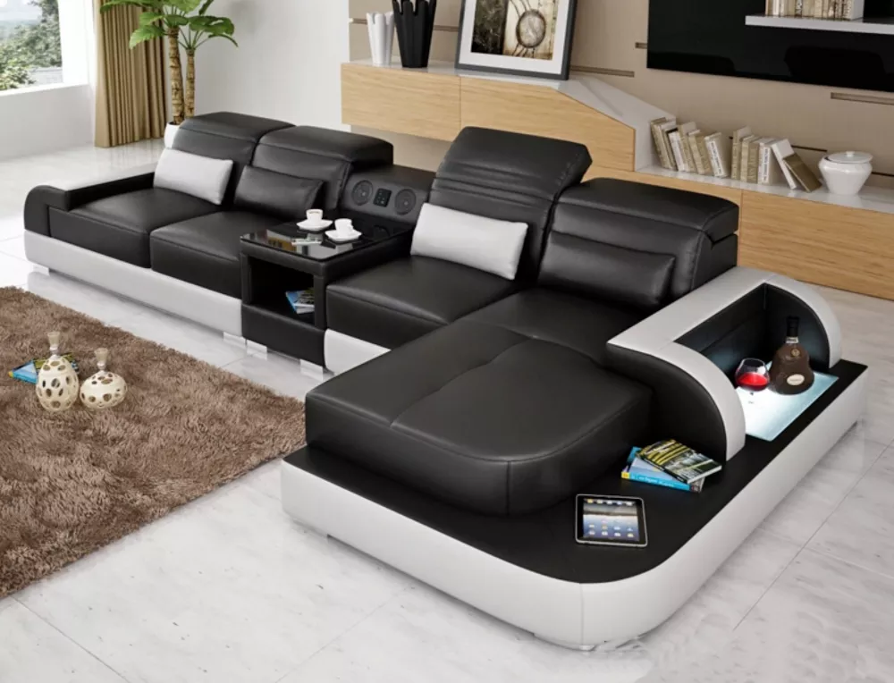 LED Lighted Leather Sectional Sofa With Chaise