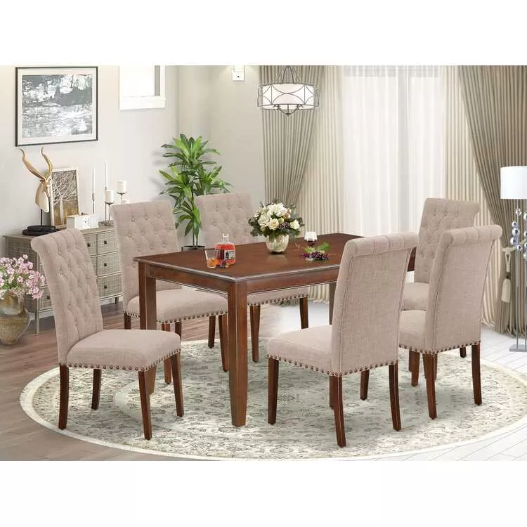 Mahogany Dinette Set 7Pc Rectangular Table & Light Fawn Chairs