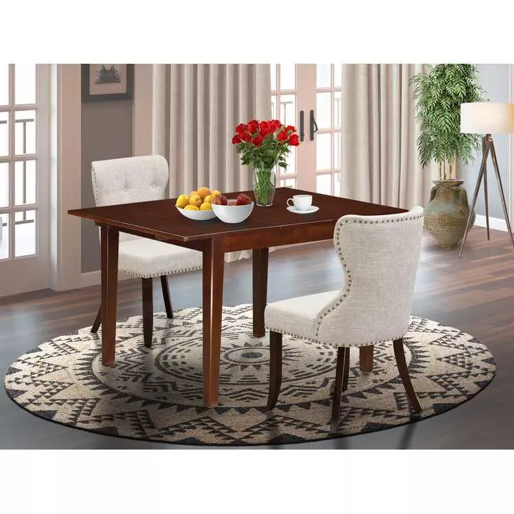 Mahogany Dining Table & Linen Parson Chairs Set