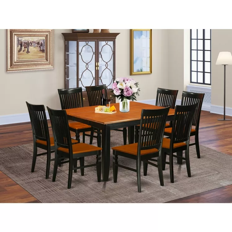 Modern 9-Piece Dining Set - Black & Cherry Table & Chairs