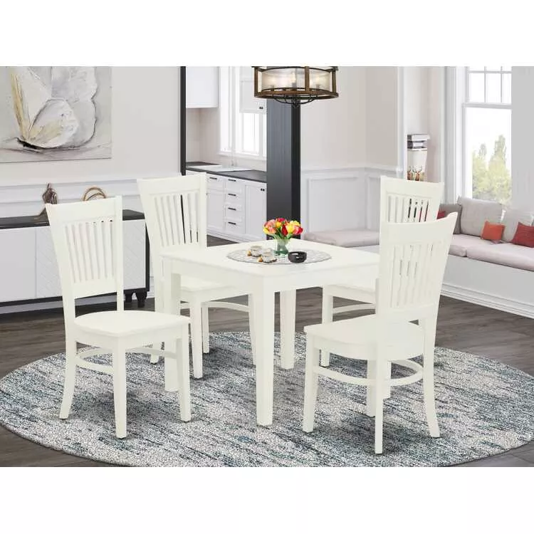 Modern Dining Set Linen White Finish Slatted Back Chairs Rectangular Table