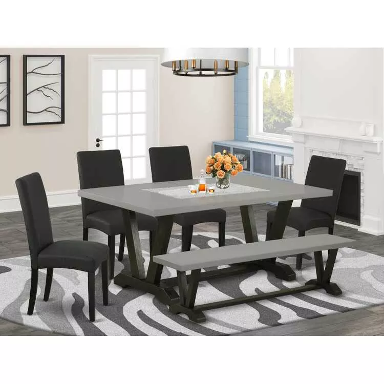 Modern Dining Table Set - Black Linen Seat Chairs & Rectangular Bench