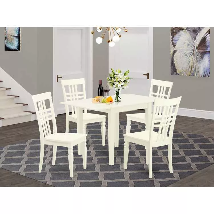 Modern Dining Table Set Linen White Finish 5Pc Solid Wood