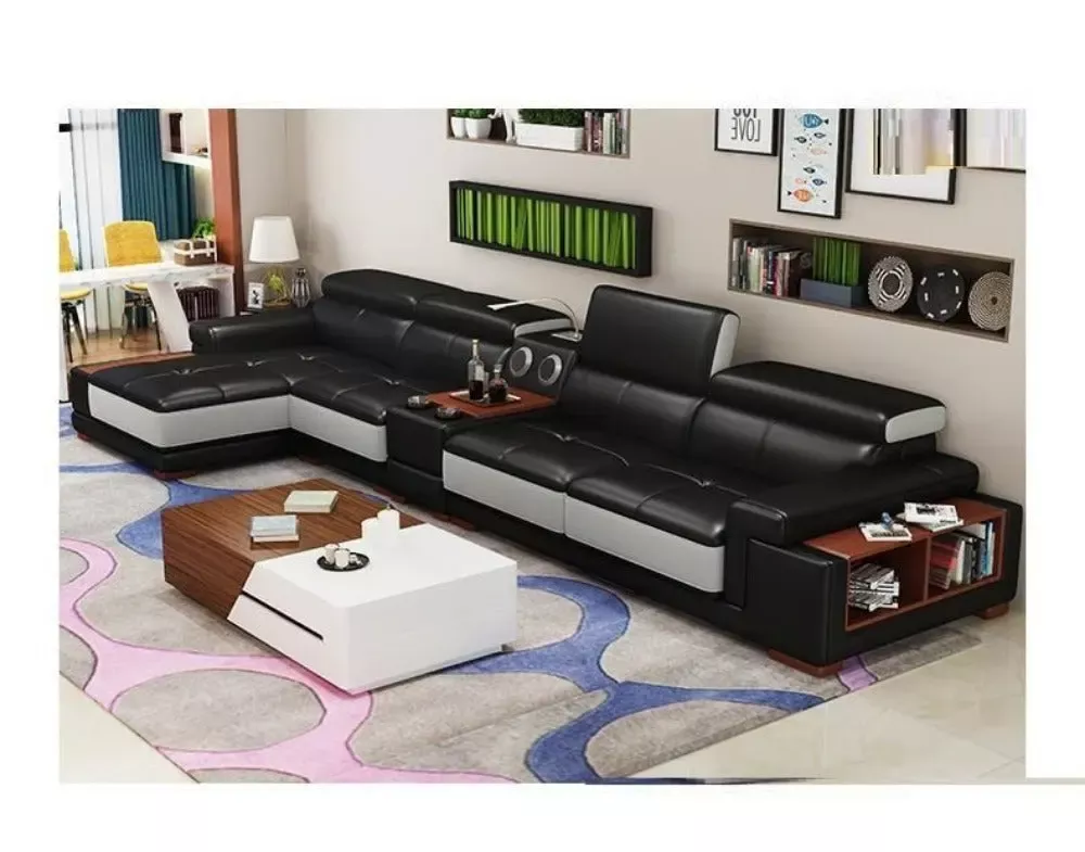 Modern Leather Sectional Sofa With Console Table