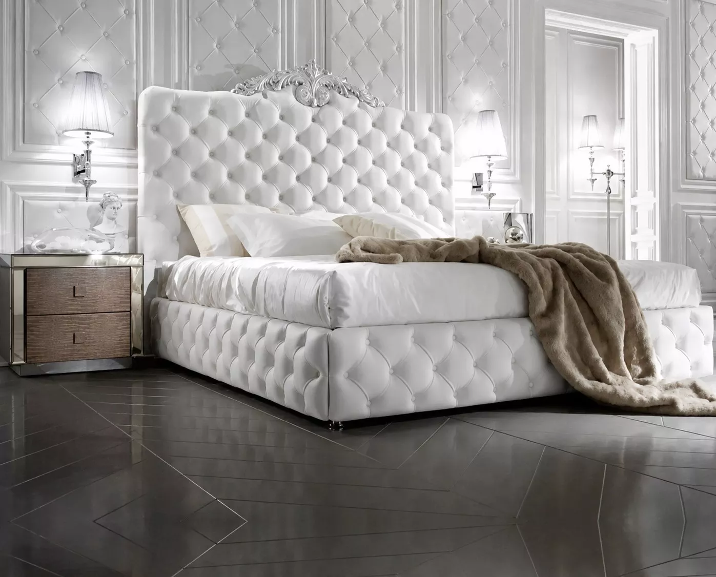 Modern Rectangular White Leather Bed