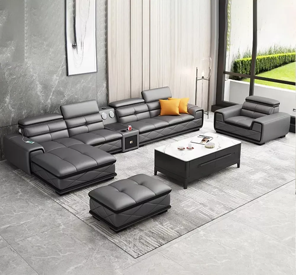 Multifunctional L-Shape Leather Sectional Sofa Set