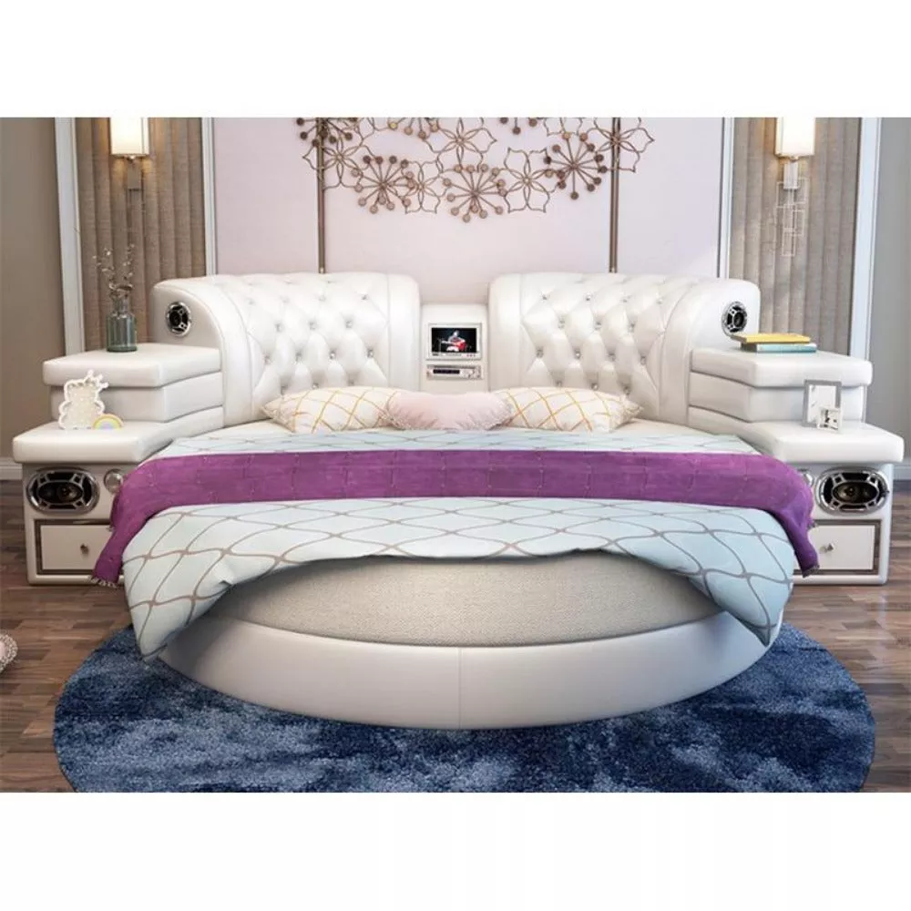 Multifunctional Round Leather Bed With Mattress
