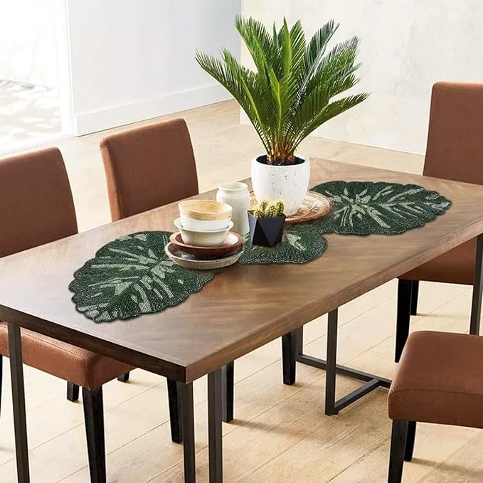 Nature's Elegance Handmade Green Leafy Beaded Table Runner