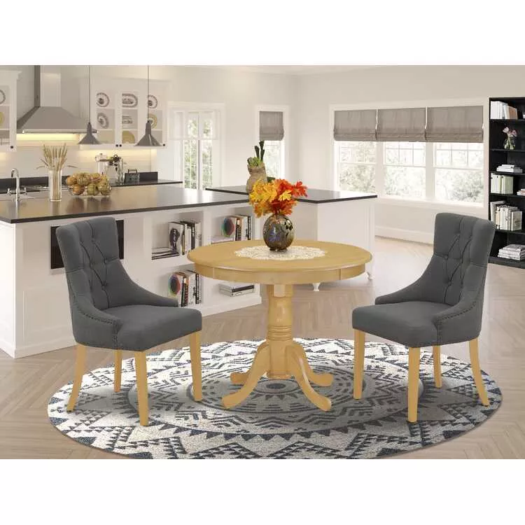 Oak Finish Small Rounded Kitchen Table & Two Parson Chairs