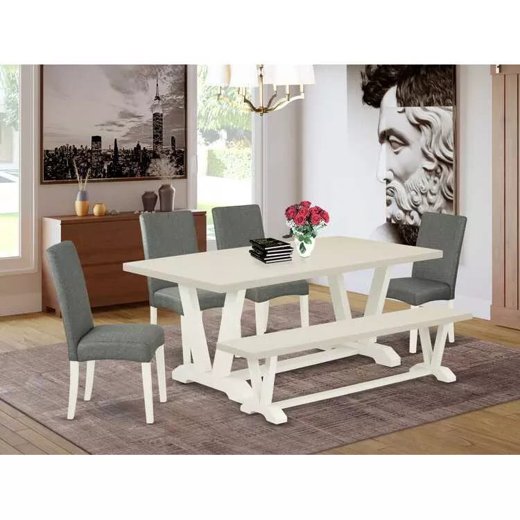 Parsons Dining Set Wood Table Gray Smoke Linen Chairs 6pc Bench Rectangular
