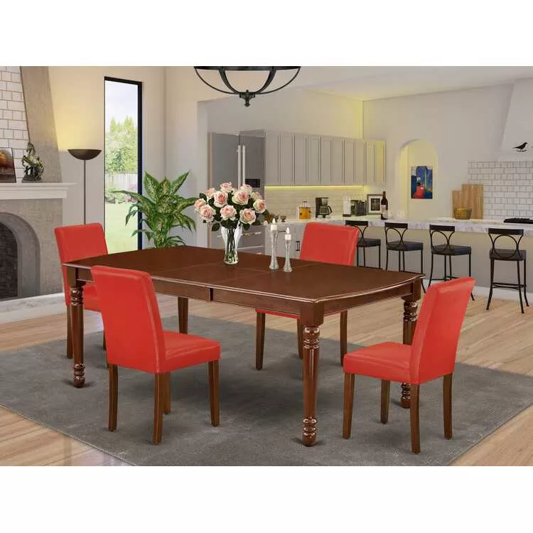 Rectangular Dining Table Set with Mahogany Legs and PU Leather Chairs