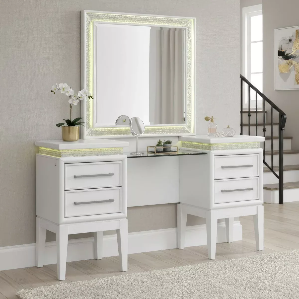 Reflections - Vanity Desk - Pearl White & Rhinestone