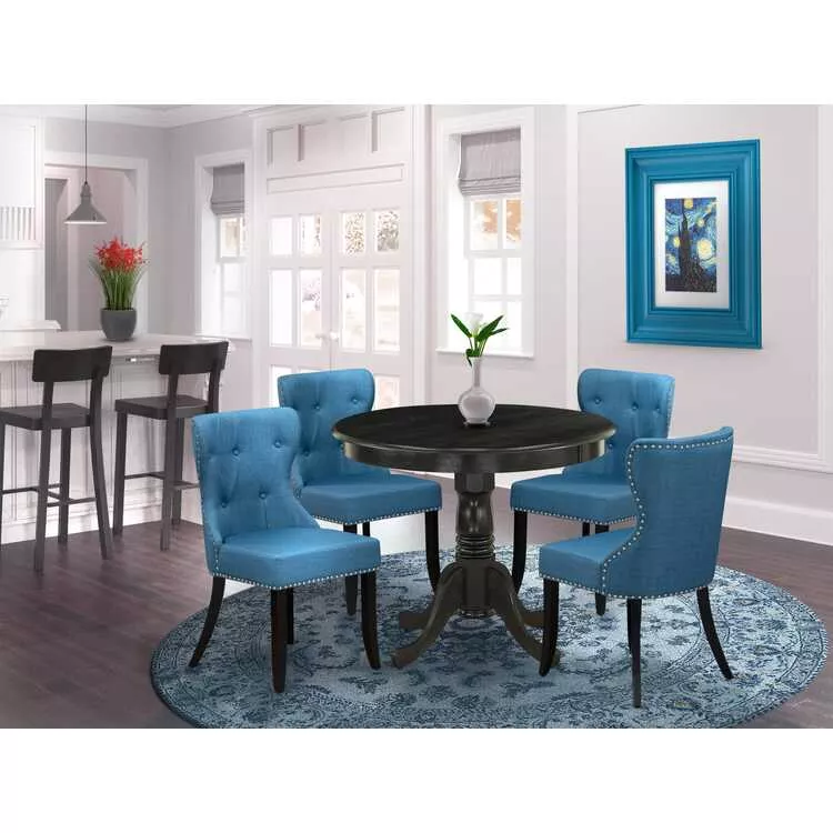 Round Kitchen Table & 4 Chairs - Blue Parsons Set