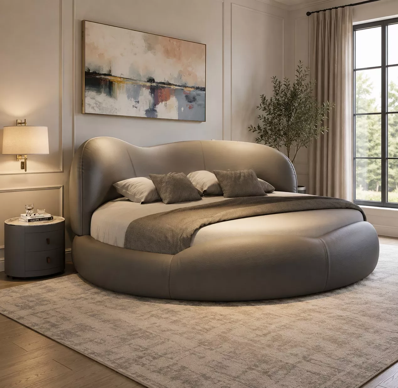 Round Leather Bed With LED