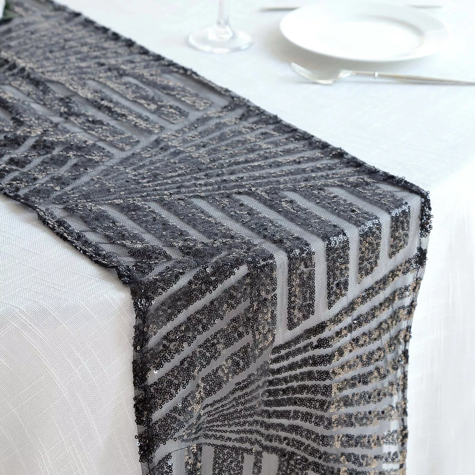 Sequin 12"x108" Table Runner Black - Diamond Glitz Design