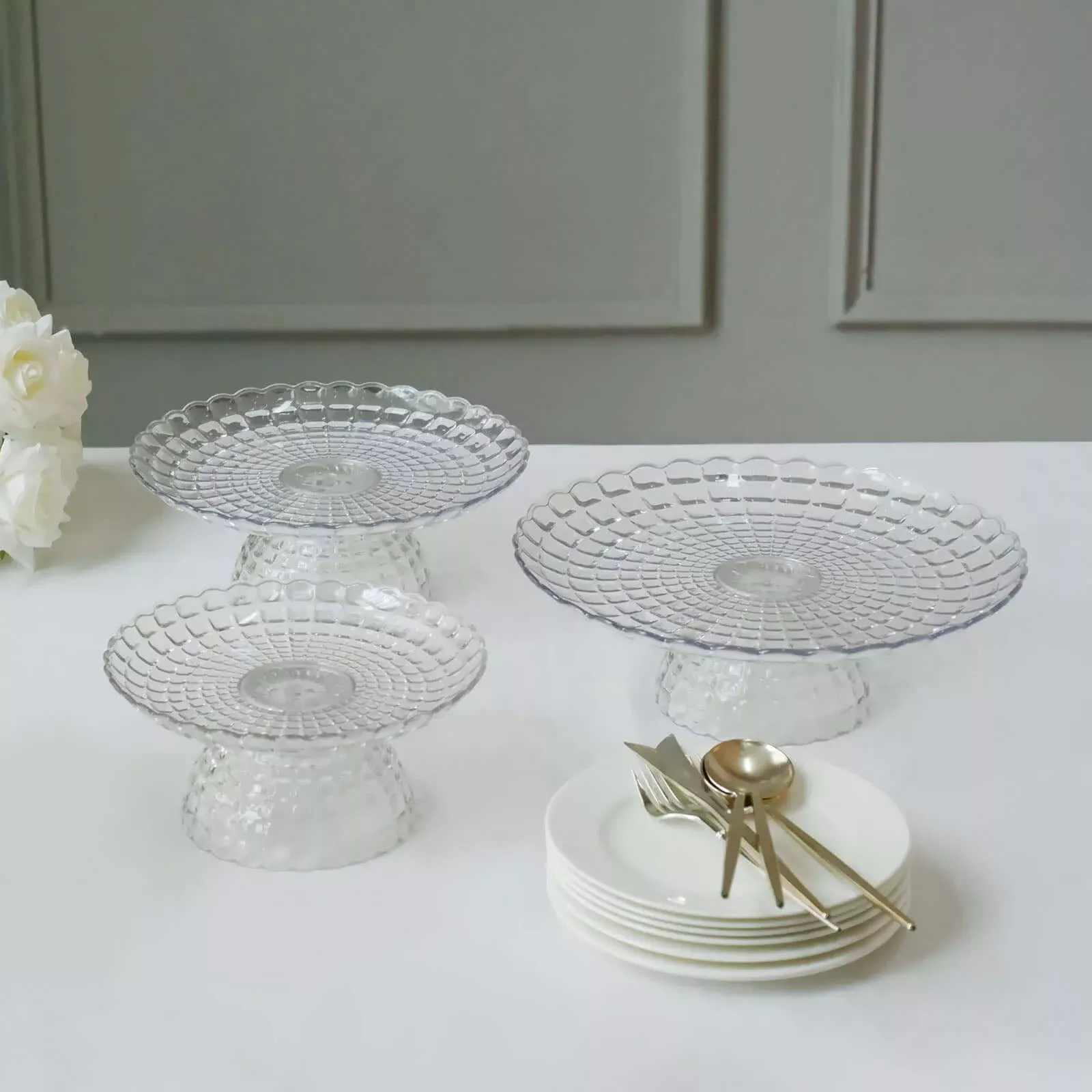 Set of 3 Plastic Cupcake Stands Clear Pressed Glass Pattern - Modern Stackable & Reusable Cake Dessert Pedestal Display Holders with Scalloped Edges 8", 10", 12"