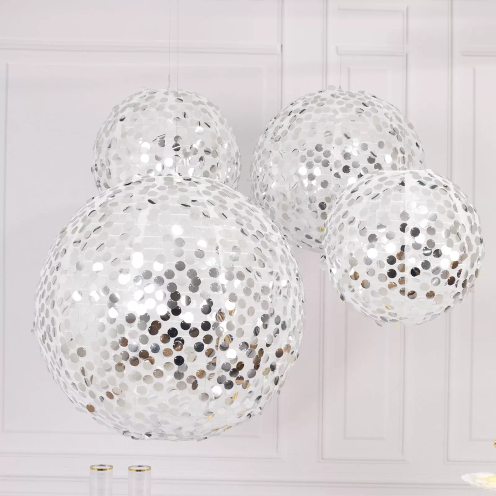 Set of 4 Glitter Silver Payette Sequin Hanging Lanterns, Large Decorative Round Foldable Fabric Chinese Lantern Lampshades - 12",14",16",20"