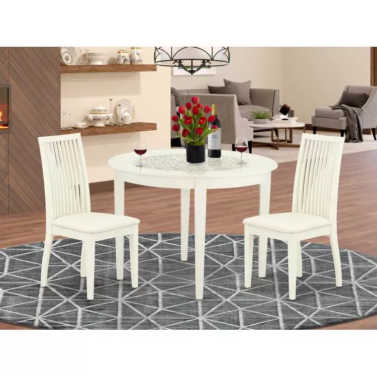 Small Round Kitchen Table Set with 2 Linen Chairs
