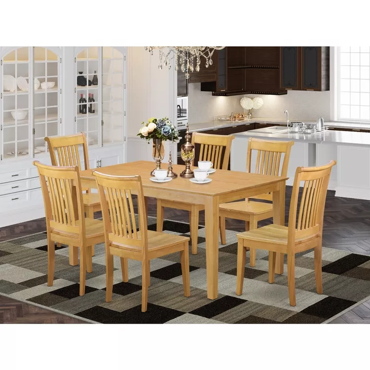 Solid Oak Rectangular Dining Table Set with 6 Wood Seat Chairs