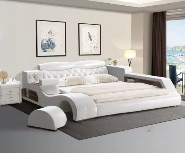 White Multi-functional Leather Smart Bed